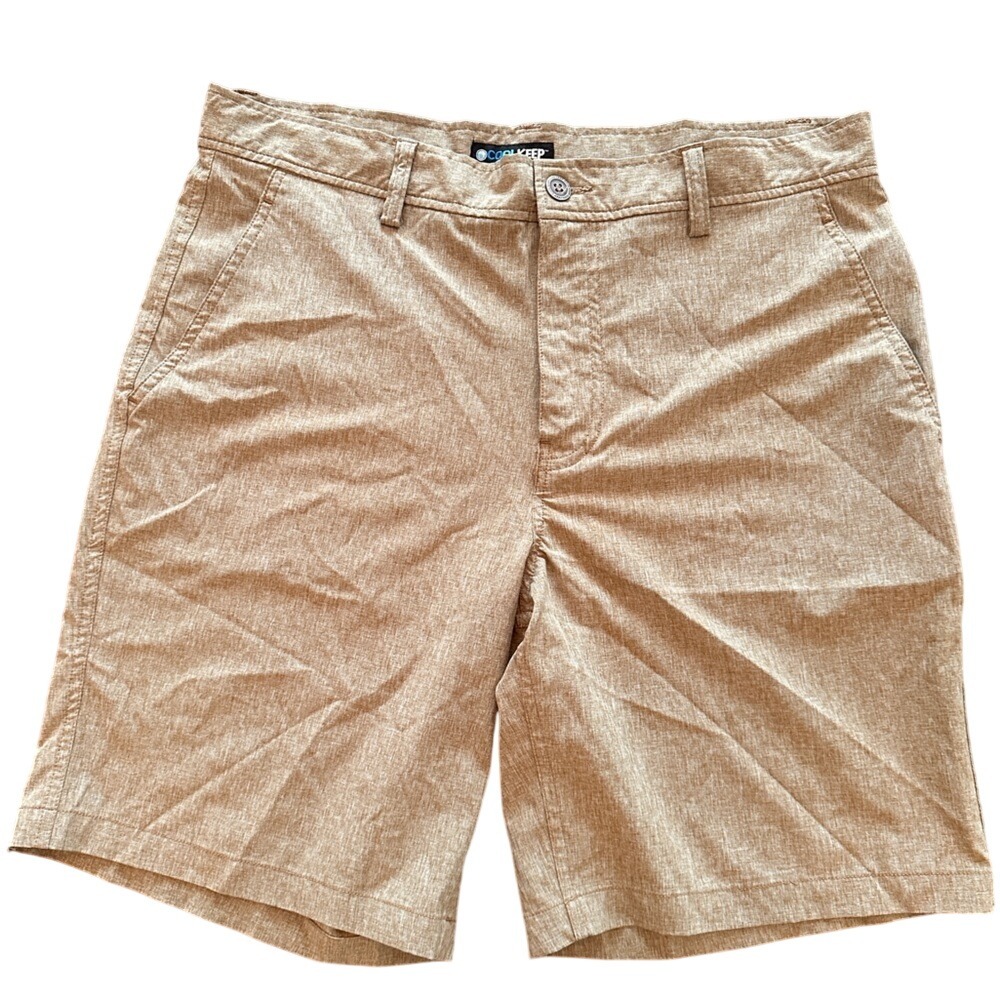 CoolKeep Flat Front Performance Shorts Mens 34 Tan Excellent Stretch Golf Casual